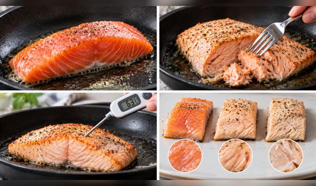 El salmón está jugoso cuando su centro conserva humedad y sus capas se separan fácilmente al presionarlas con un tenedor. Foto: IA  