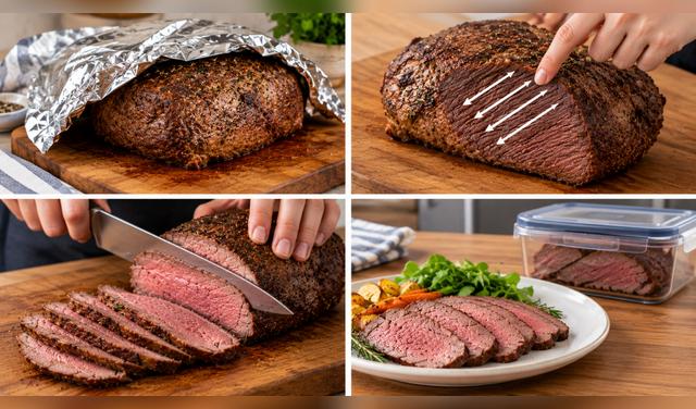 Deja reposar el roast beef entre 10 y 20 minutos y córtalo en tajadas finas contra la fibra para conservar su jugosidad. Foto: IA   