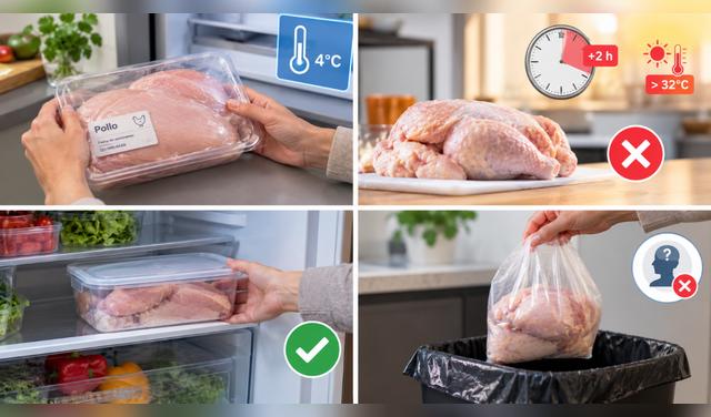 Para saber si el pollo sigue siendo seguro, revisa cómo se conservó, cuánto tiempo estuvo fuera del refrigerador y si presenta señales de deterioro. Foto: IA  