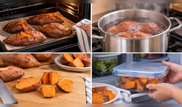 Retira el camote cuando esté tierno, cocina piezas de tamaño similar y refrigera las sobras dentro de las dos horas. Foto: IA   