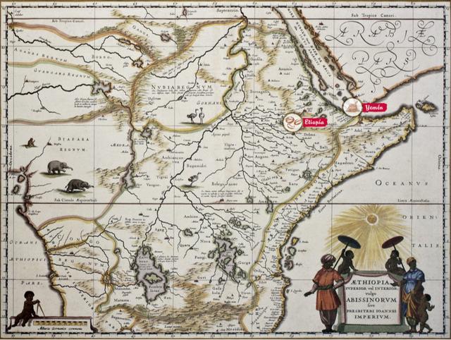 Mapa en el que se señala la proximidad de la antigua Abisina (Etiopia), lugar de origen del café, y de Yemén, desde cuyos puertos comenzó a ser comerciado.    
