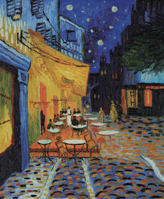 Terraza de café por la noche del pintor Vincent Van Gogh. Representa un café de la Place du Forum en Arlés, Francia, a fines del siglo XIX.    
