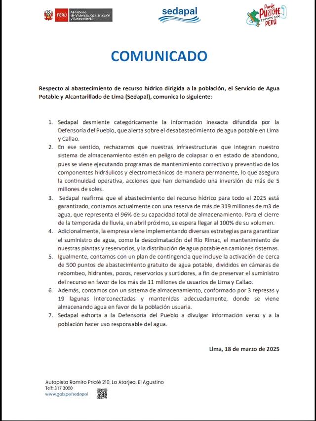 Comunicado de Sedapal.   