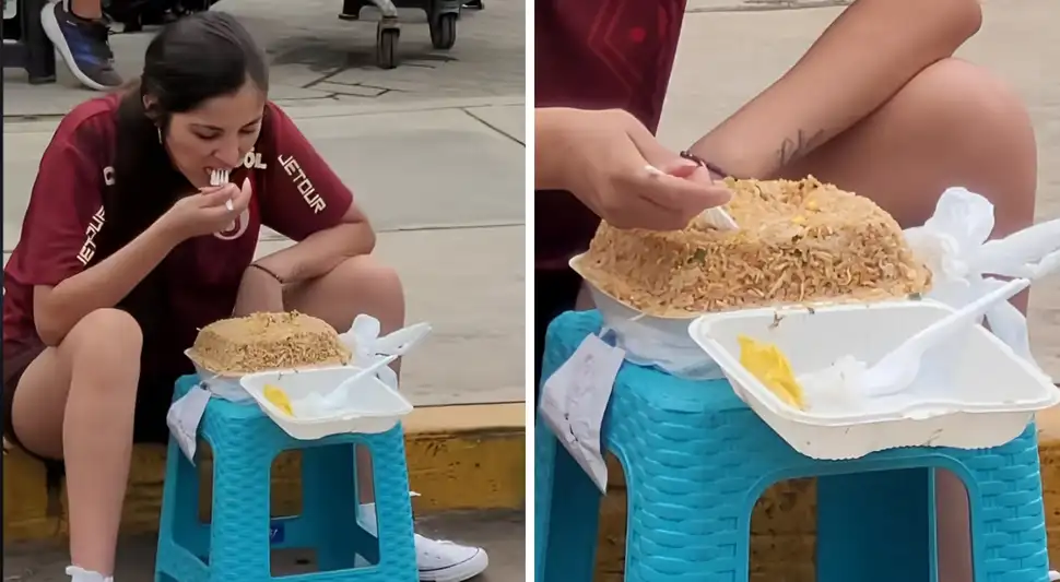 Hincha de la "U" es captada disfrutando de un gigantesco táper de chaufa. Foto: Buenazo / Tiktok Hincha de la "U" es captada disfrutando de un gigantesco táper de chaufa. Foto: Buenazo / Tiktok