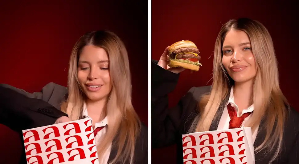 Flavia Laos no prueba hamburguesa en comercial de comida rápida. Flavia Laos no prueba hamburguesa en comercial de comida rápida.