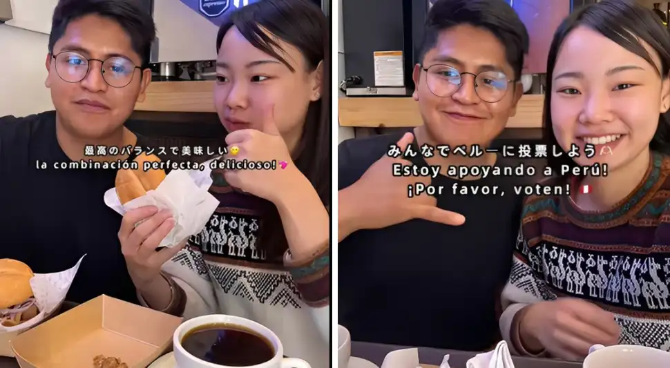 Japonesa prueba pan con chicharrón y anima a votar por Perú.