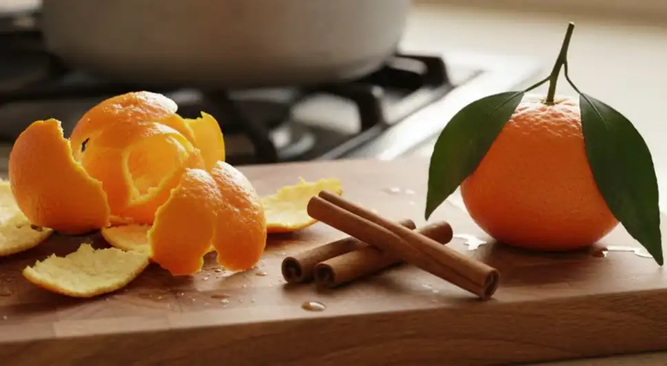 Hervir cáscaras de mandarina con canela. Hervir cáscaras de mandarina con canela.