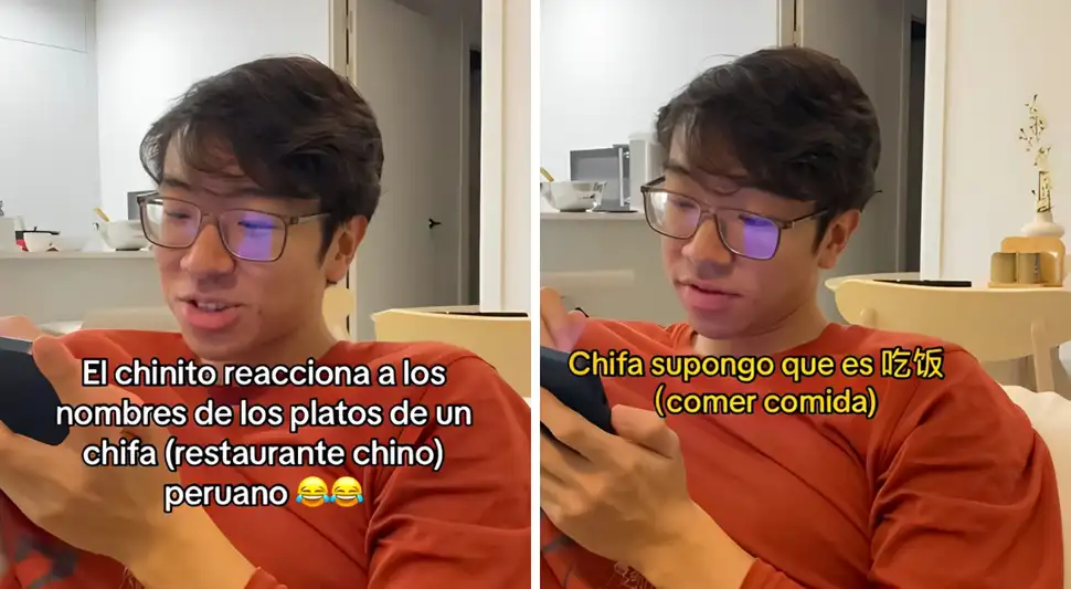 El clip muestra al joven intentando pronunciar los nombres de los platos, con su amiga comentando que "chifa" es comida. Su asombro destaca el desconocido mundo de la fusión gastronómica en Perú. El clip muestra al joven intentando pronunciar los nombres de los platos, con su amiga comentando que "chifa" es comida. Su asombro destaca el desconocido mundo de la fusión gastronómica en Perú.