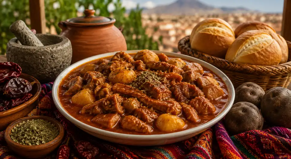 Su origen se remonta a los antiguos arrieros que, con ingredientes locales, crearon esta deliciosa receta. Evolucionó desde el charquicán a un guiso que destaca carnes deshidratadas y ají panca. Foto: IA