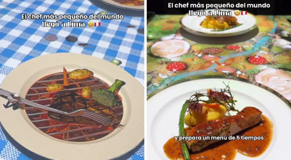 Con apenas 6 centímetros de altura, el protagonista virtual interactúa con los platos y guía a los comensales a través de una historia proyectada directamente sobre la mesa. Composición: Buenazo