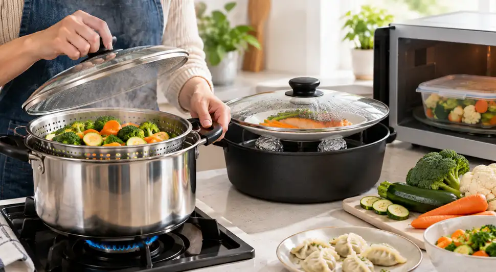 Una olla con colador es la opción más fácil para preparar verduras como brócoli y zanahoria. Asegúrate de que los alimentos no toquen el agua y mantén la tapa cerrada para conservar el vapor. Foto: IA Una olla con colador es la opción más fácil para preparar verduras como brócoli y zanahoria. Asegúrate de que los alimentos no toquen el agua y mantén la tapa cerrada para conservar el vapor. Foto: IA