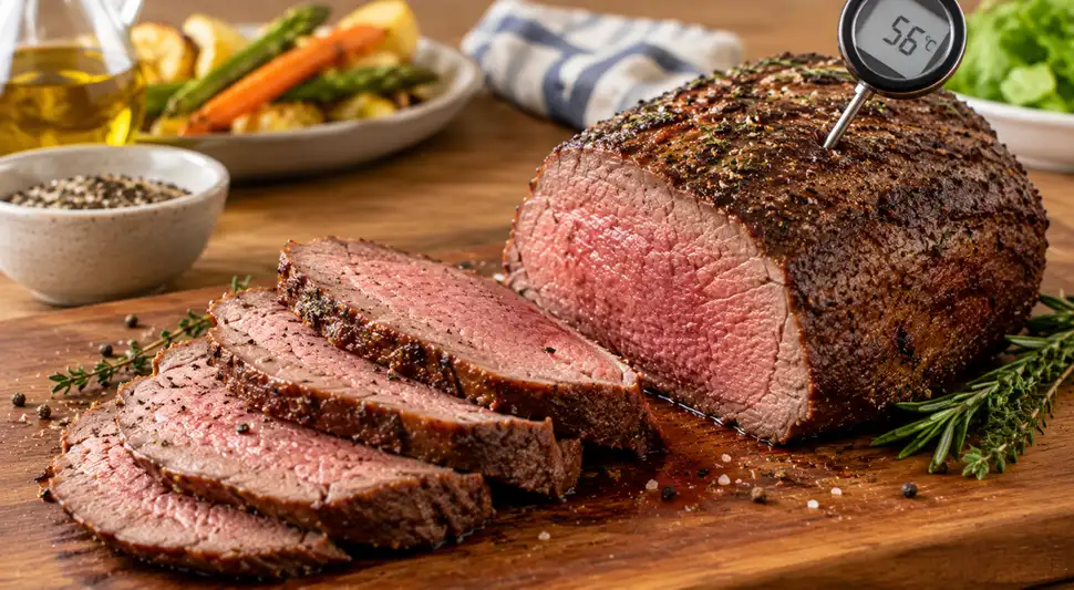 Conseguir un roast beef perfecto requiere atención desde la elección de la carne hasta su reposo. Aprende a sellar, hornear y cortar para disfrutar de una pieza jugosa y sabrosa. Foto: IA